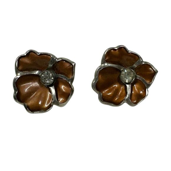 Vintage Silver & Brown Enamel Flowers‎ Outlined in Silver with Rhinestone Center - Picture 1 of 5